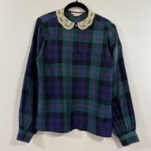 Vintage 80’s Brooks Brothers 100% Silk Tartan Plaid Blouse w/ Lace Collar, 6